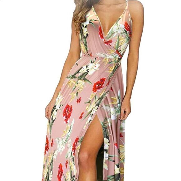 II ININ Deep V-neck Casual Backless Floral Split Maxi Dress Size Small - Picture 2 of 7